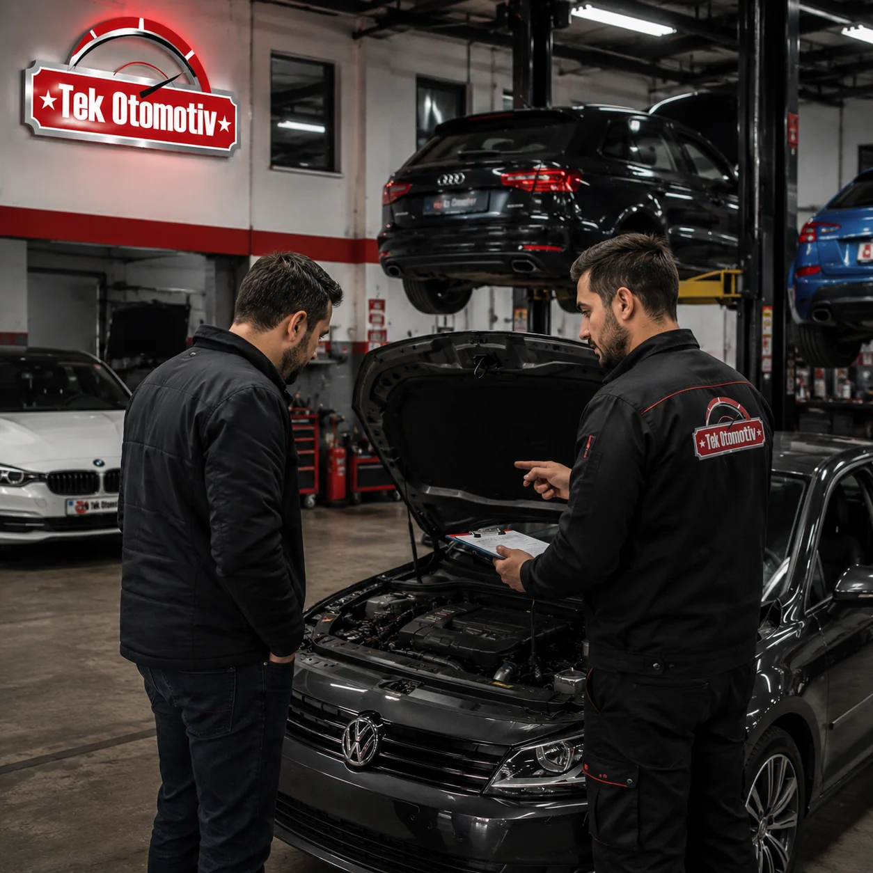 Tek Otomotiv teknisyeni araca müdahale ederken